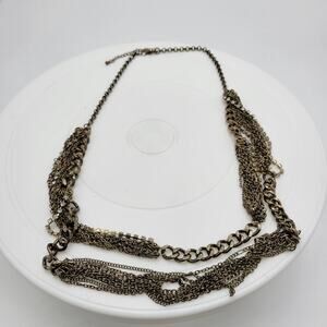 Vtg Layered Chain Necklace 28" Gold Tone Beaded Rhinestone Accent Rustic Rocker